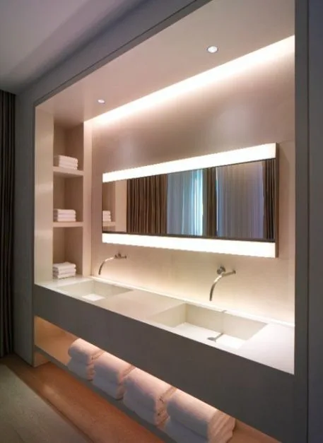 Double sink and towel storage