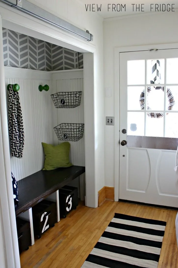 Image result for Open up a cramped space and gain a helpful spot for extra seating by ditching the closet door