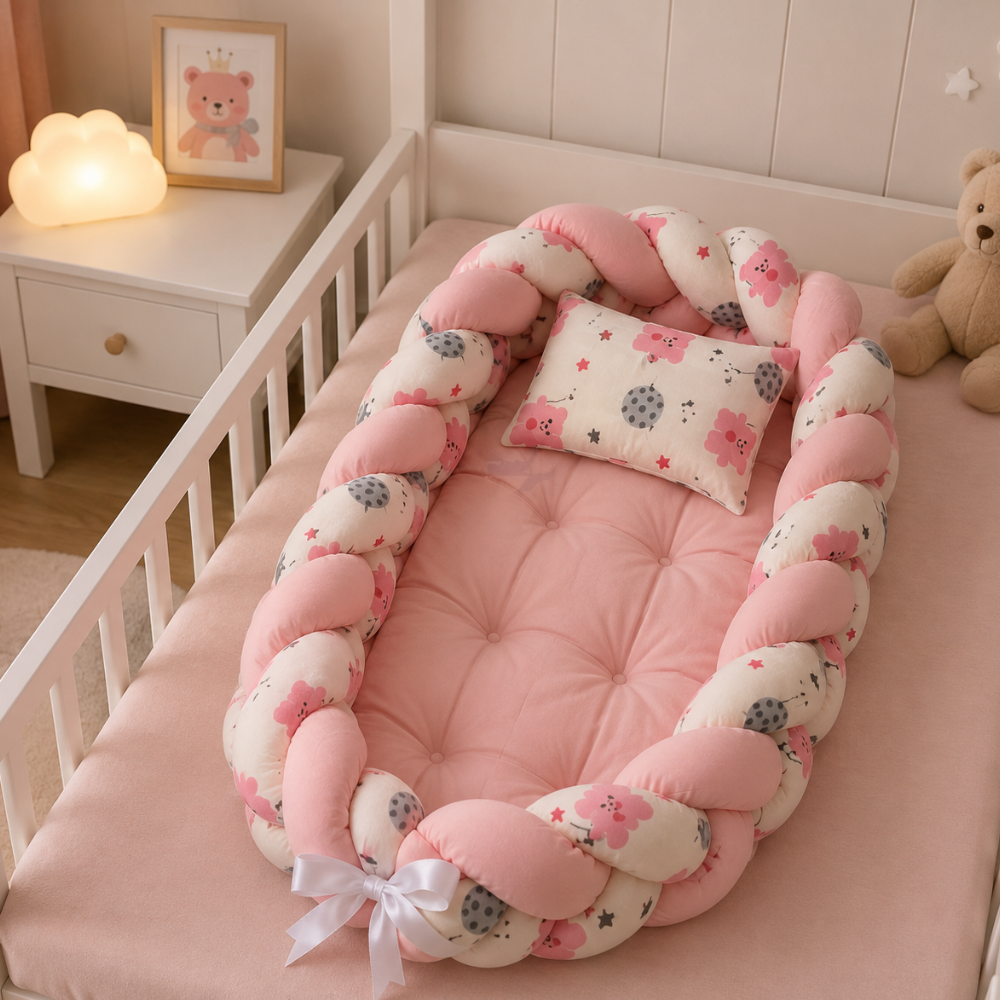 Braided Baby Nest – Cotton Candy | بيبي نيست جديلة بتصميم وردي ناعم