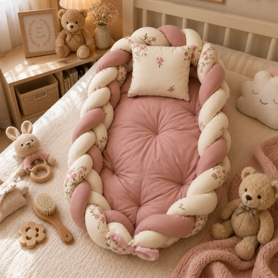 Braided Baby Nest – Blossom Pink | بيبي نيست جديلة وردي بتصميم الزهور