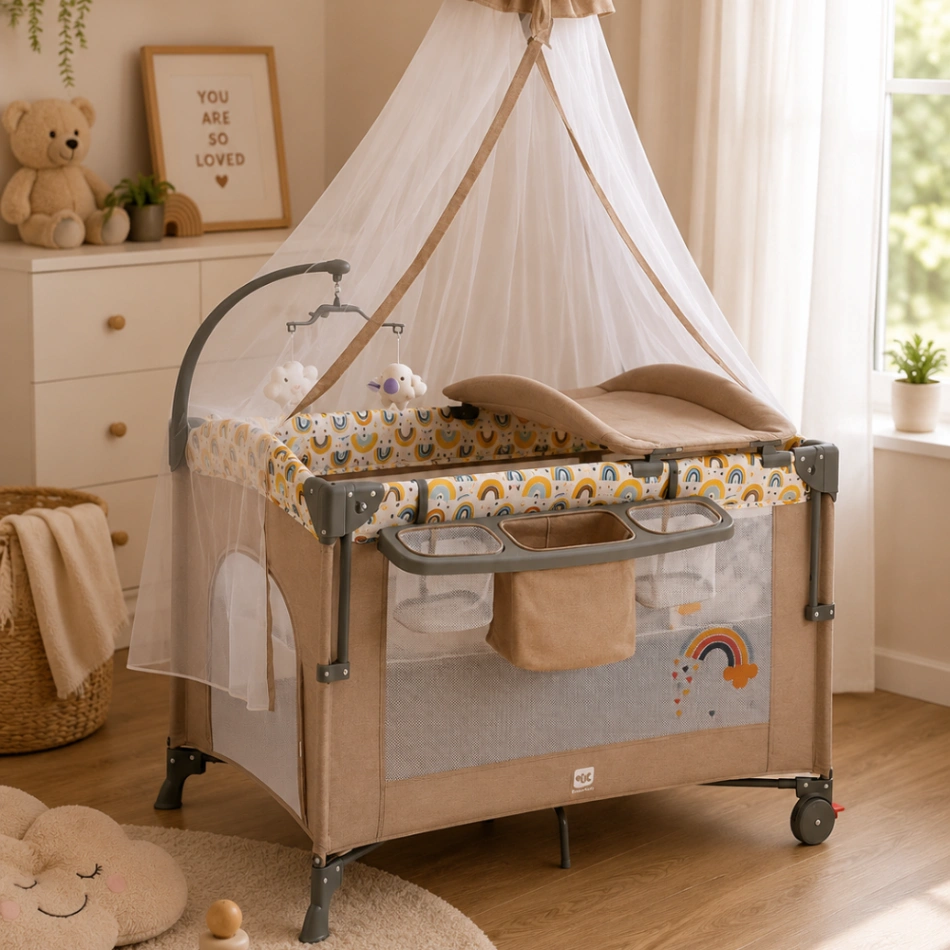 Baby Playard with Changing Table & Mosquito Net | سرير أطفال متعدد الاستخدامات مع طاولة غيار وناموسية