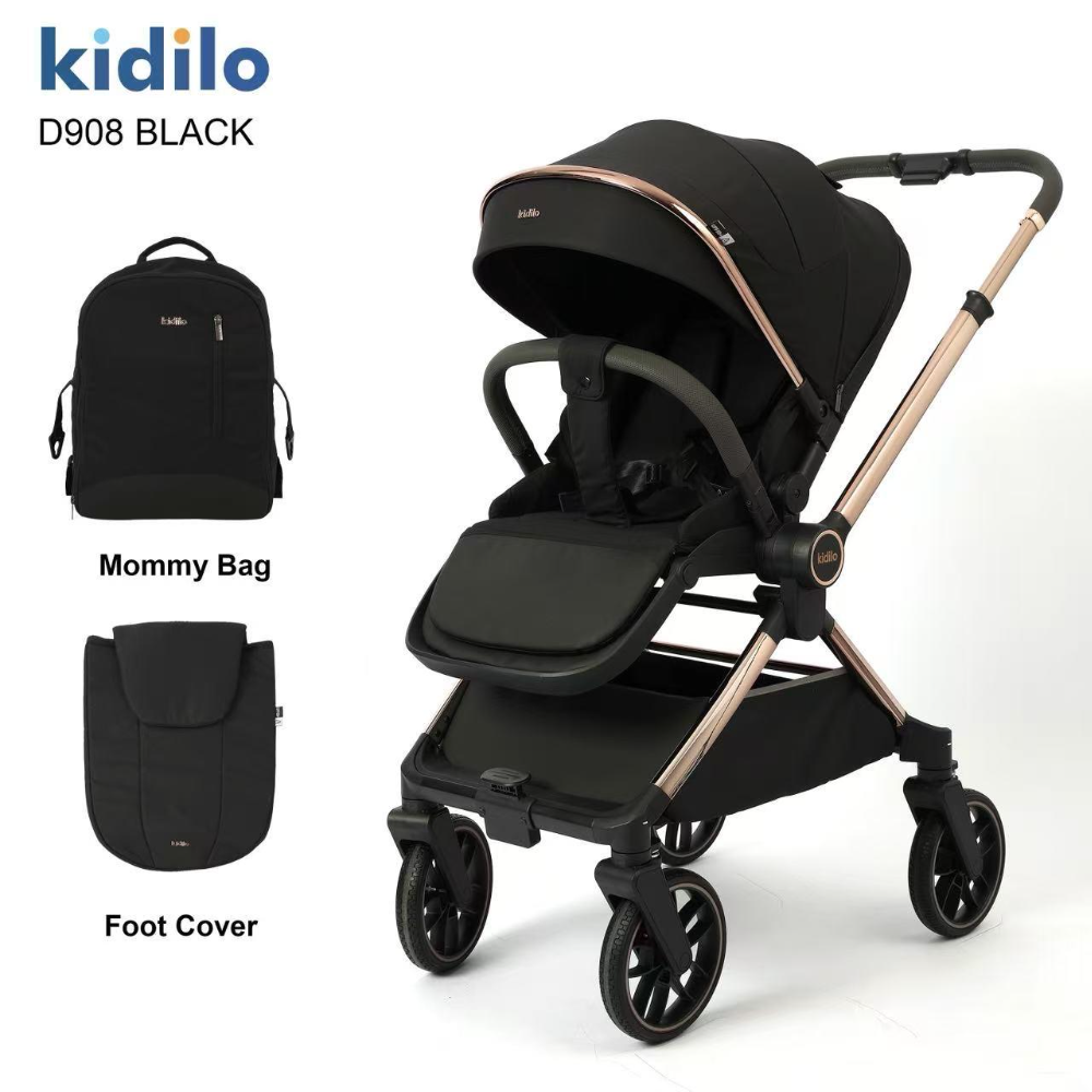 عرباية أطفال Kidilo D908 الفاخرة – قابلة للطي بمقعد قابل للعكس مع حقيبة أم وغطاء أرجل | لون أسود