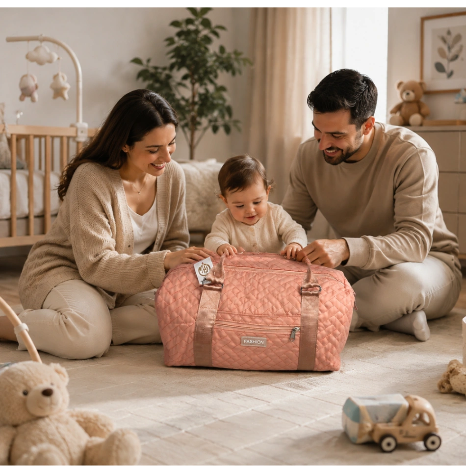 حقيبة أمومة مبطنة متعددة الاستخدامات – لون وردي | Quilted Baby Maternity Travel Bag