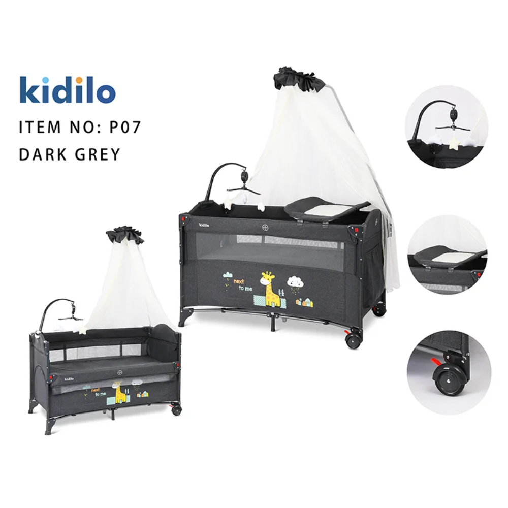 سرير بيبي Kidilo P07 متعدد الاستخدامات مع ناموسية وطاولة غيار
