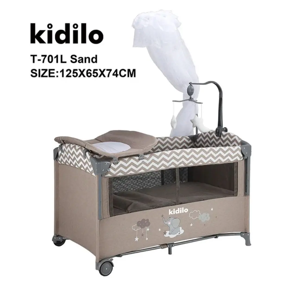 سرير بيبي متنقل Kidilo 4 في 1 مع طاولة غيار وناموسية – T701L
