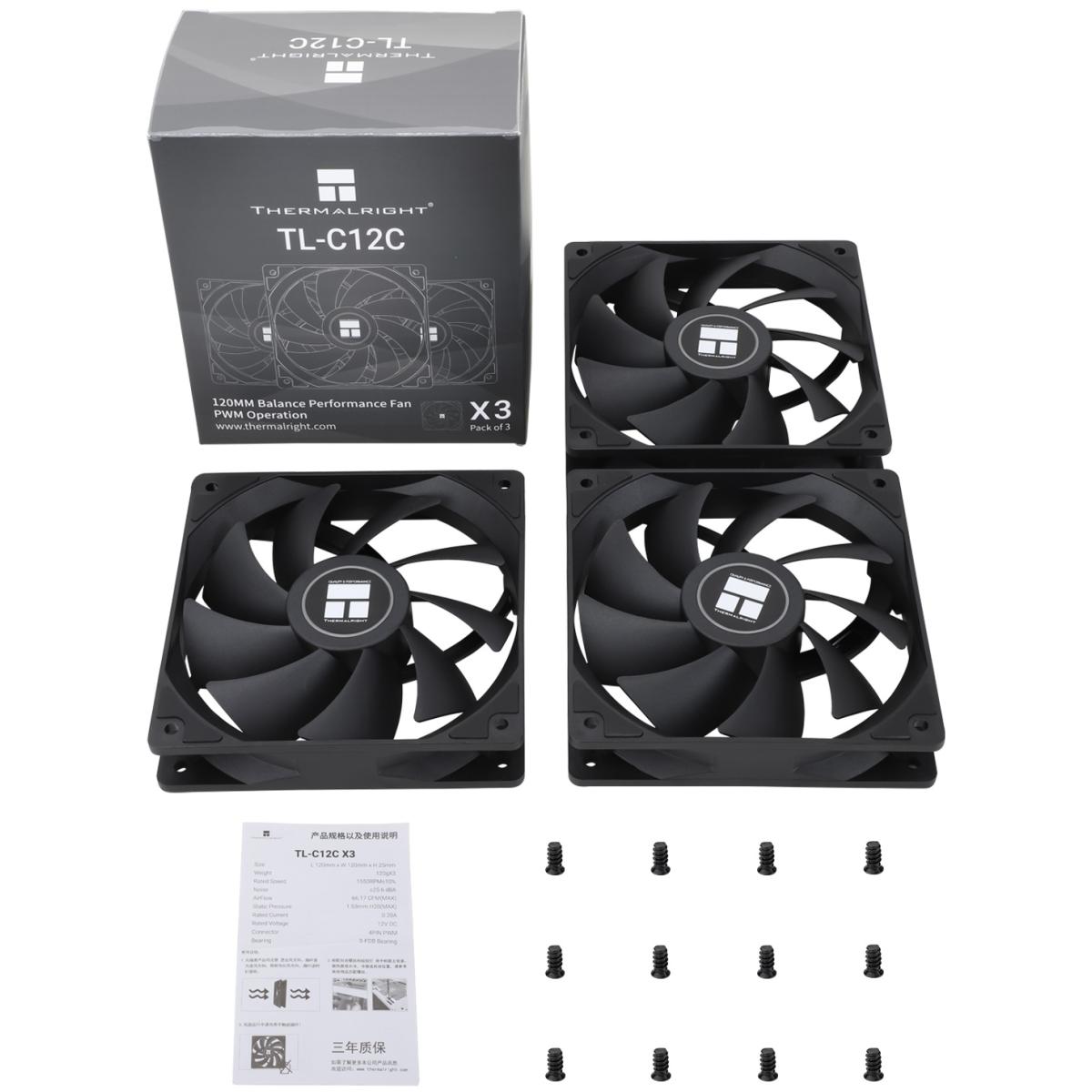 Thermalright TL-C12C X3 120mm PWM Fan Kit (Black, Non-LED) 3-Pack with S-FDB Bearing