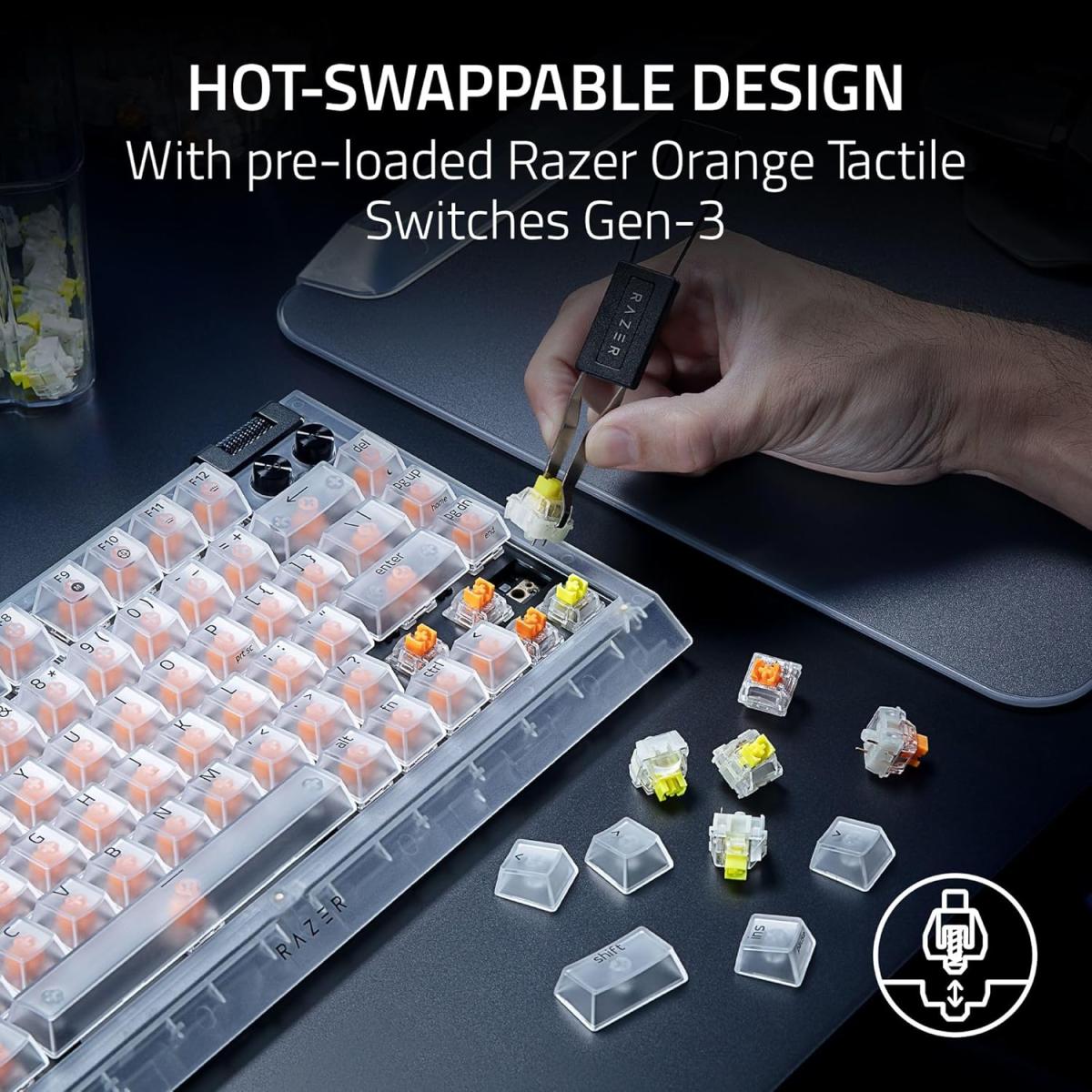 Razer BlackWidow V4 75% Phantom White Hot-Swap Mechanical Keyboard – Orange Tactile Switches