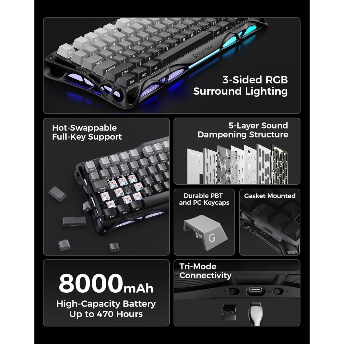GravaStar Mercury K1 75% Wireless Mechanical Keyboard – Linear Switches, Gradient Black