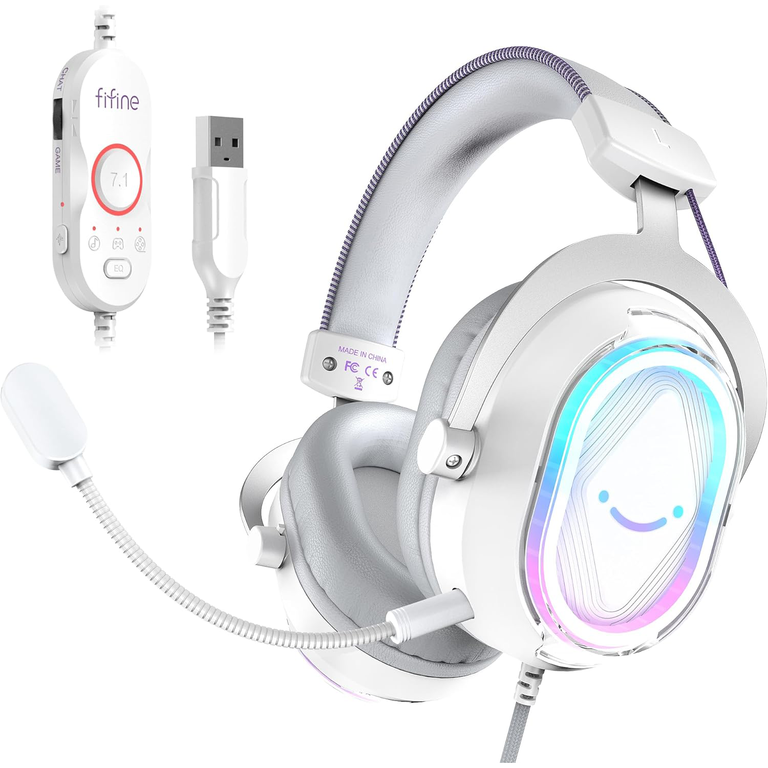 FIFINE H13W RGB Gaming Headset with 7.1 Surround Sound, White