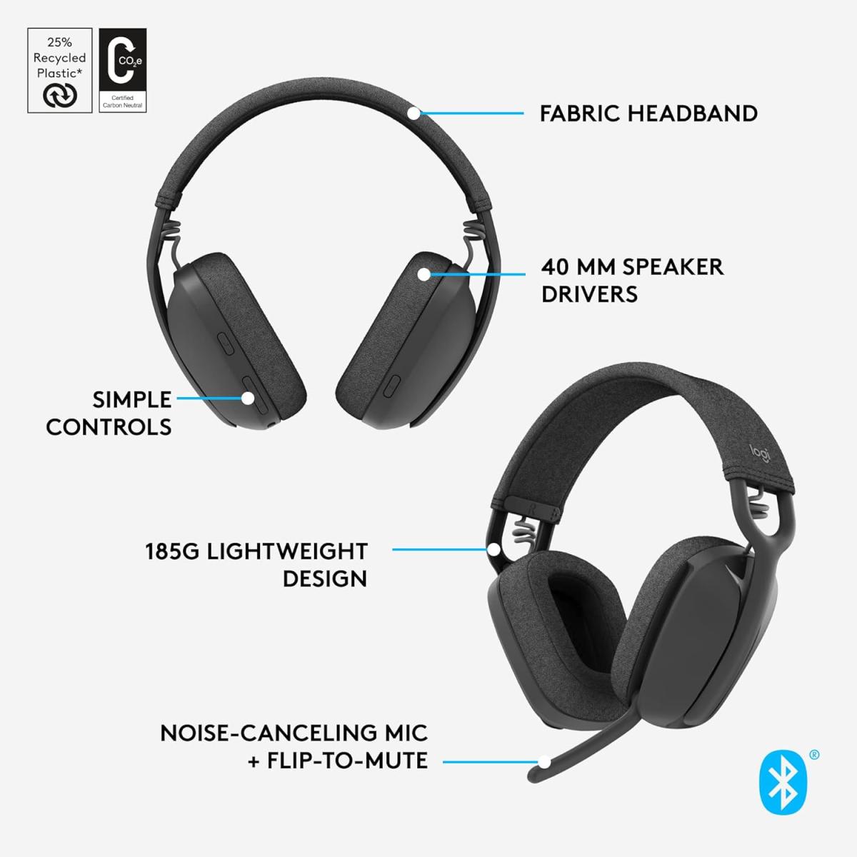 Logitech Zone Vibe 100 Wireless Bluetooth 5.2 Over-Ear Headset - Graphite