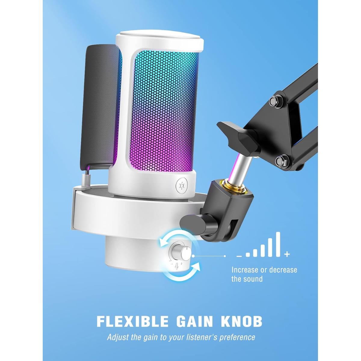 FIFINE AmpliGame A8 USB Gaming Microphone with RGB and Pop Filter - White