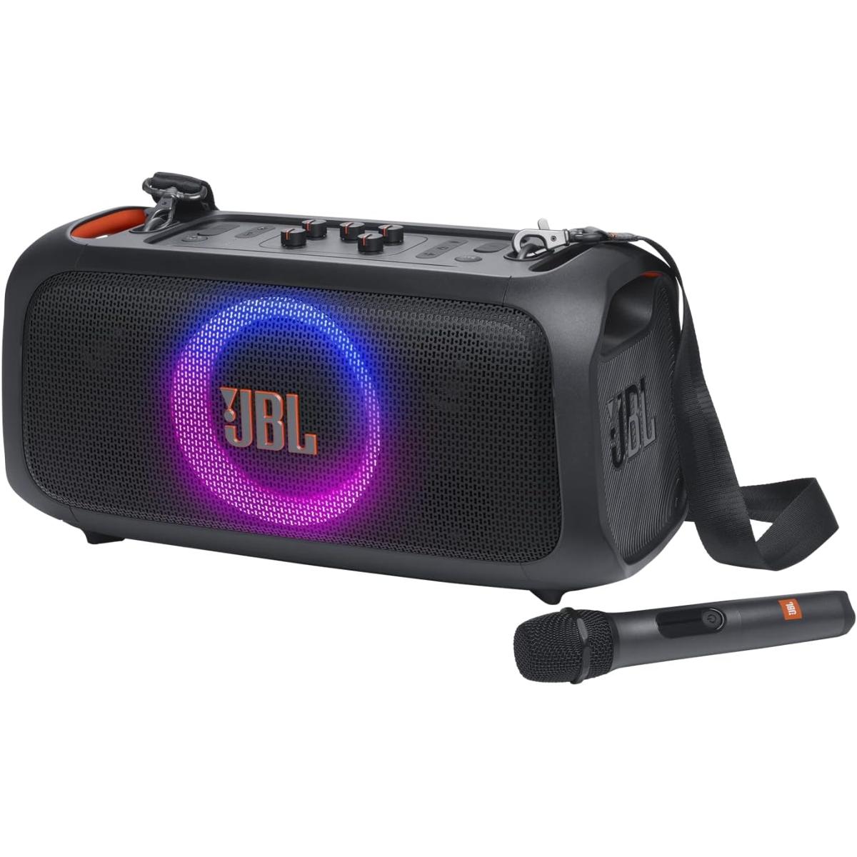 JBL PartyBox On-The-Go Essential Portable Party Speaker, Built-in Lights, Wireless Mic, IPX4, 6H Playtime