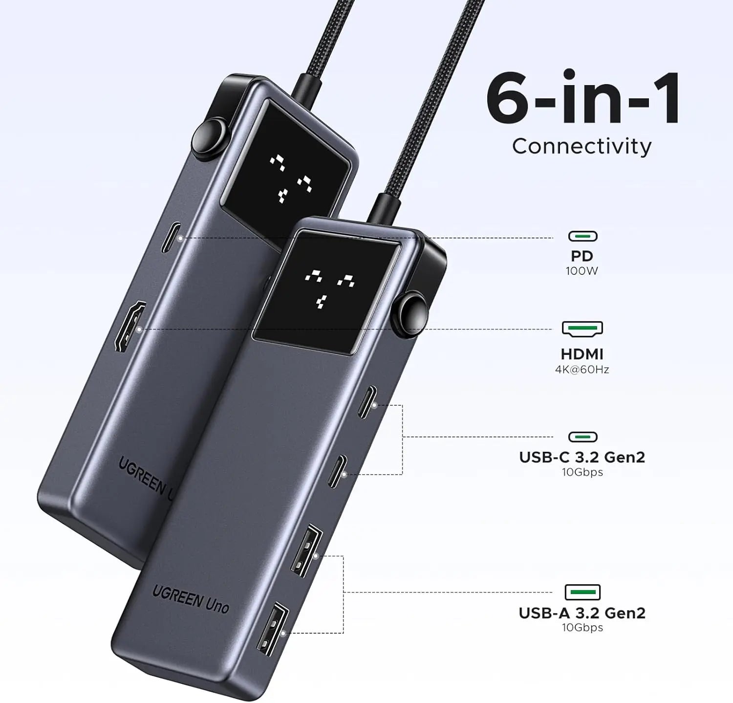 UGREEN Uno 6-in-1 USB-C Hub (2x USB-C 3.2 Gen 2, 2x USB-A 3.2 Gen 2, 4K@60Hz HDMI)