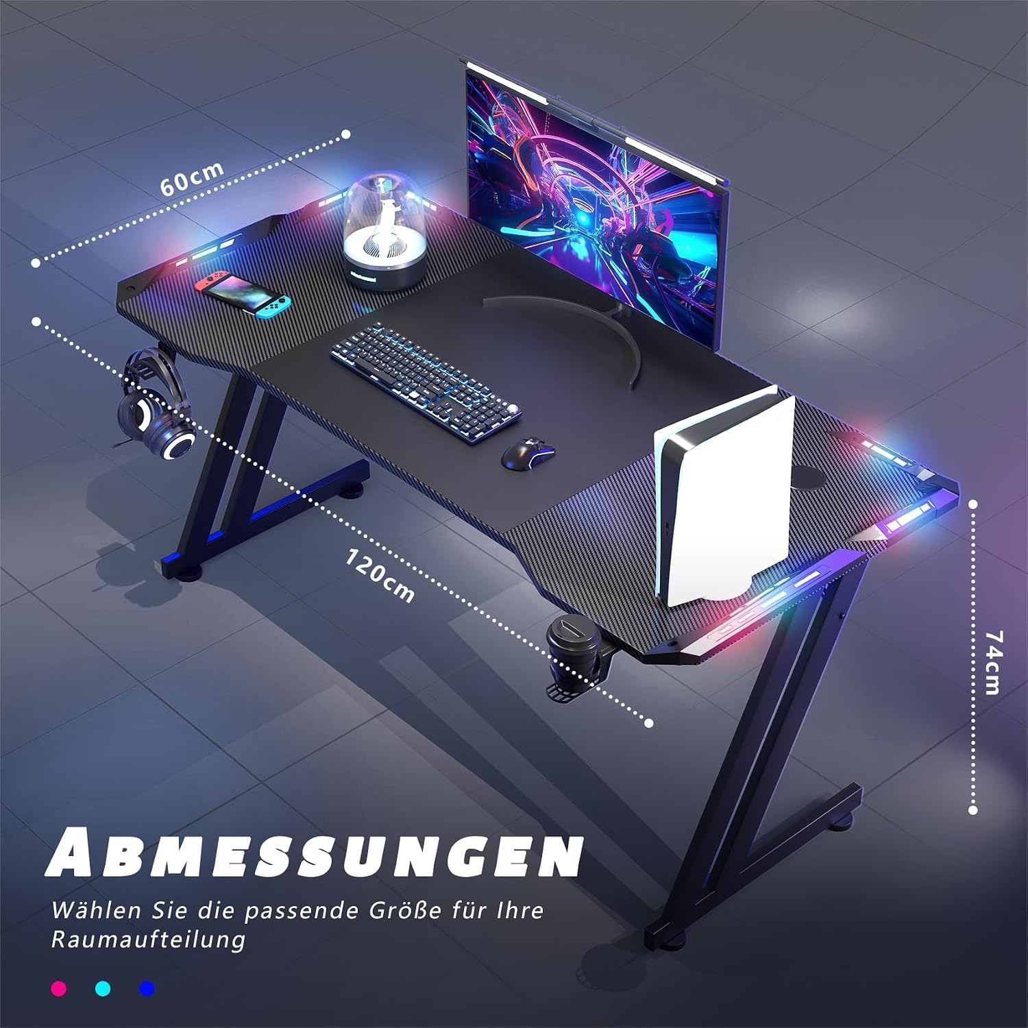HLONONE Gaming Desk 120 x 60 cm with LED and Carbon Fiber Surface