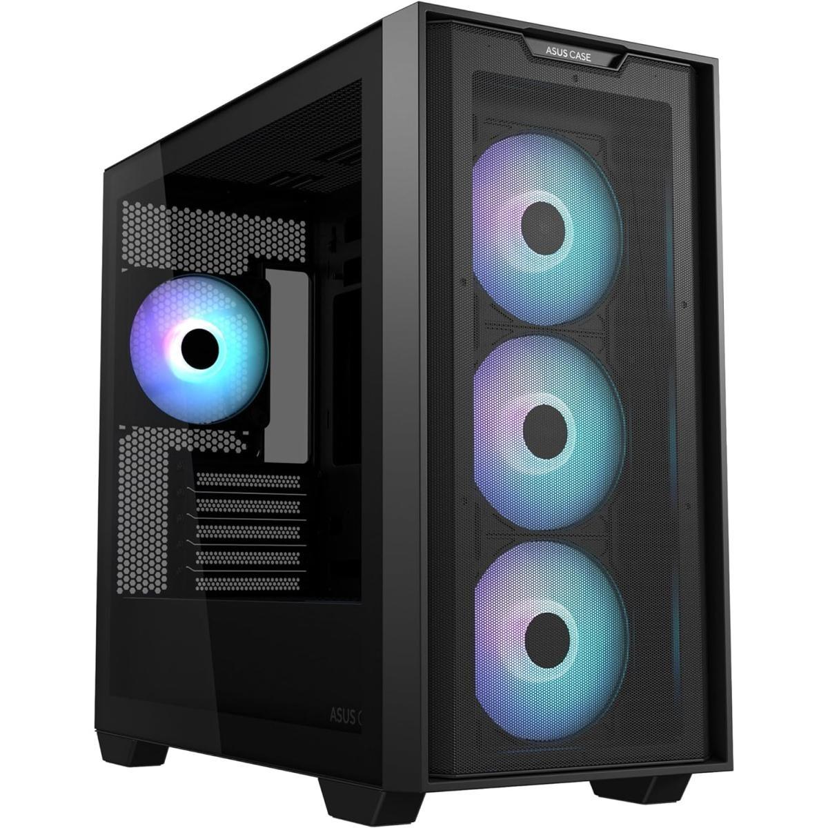 ASUS A21 PLUS (Black) Micro-ATX Mid Tower Tempered Glass Case — 4x 120mm ARGB Fans, Mesh Front Panel