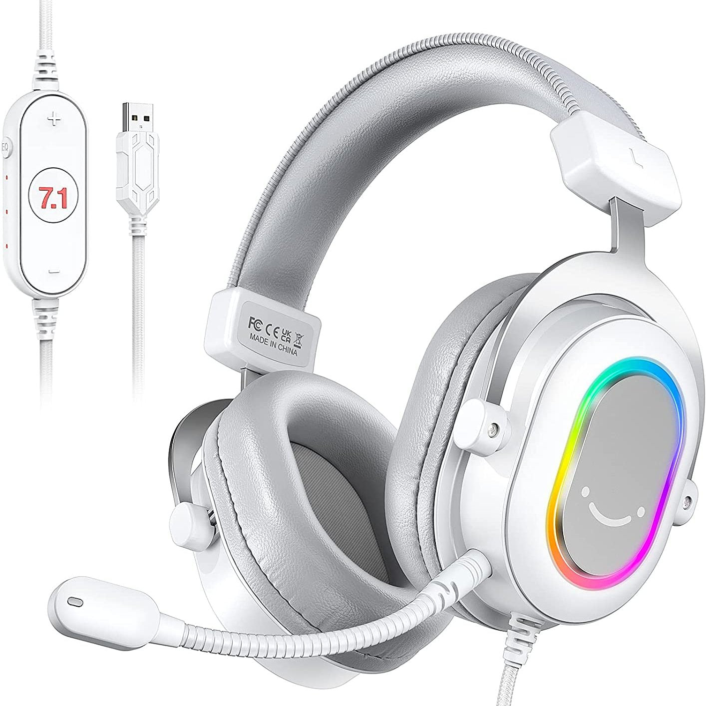 FIFINE AmpliGame H6W USB Gaming Headset RGB 7.1 Surround Sound EQ In-line Controls (White)