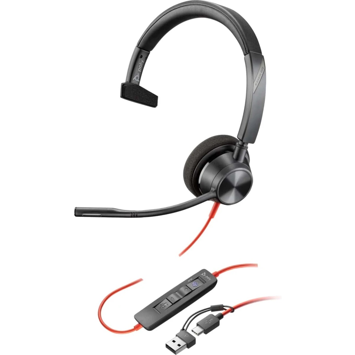 Poly Blackwire 3310 Wired One-Ear Headset, USB-A and USB-C, Boom Mic