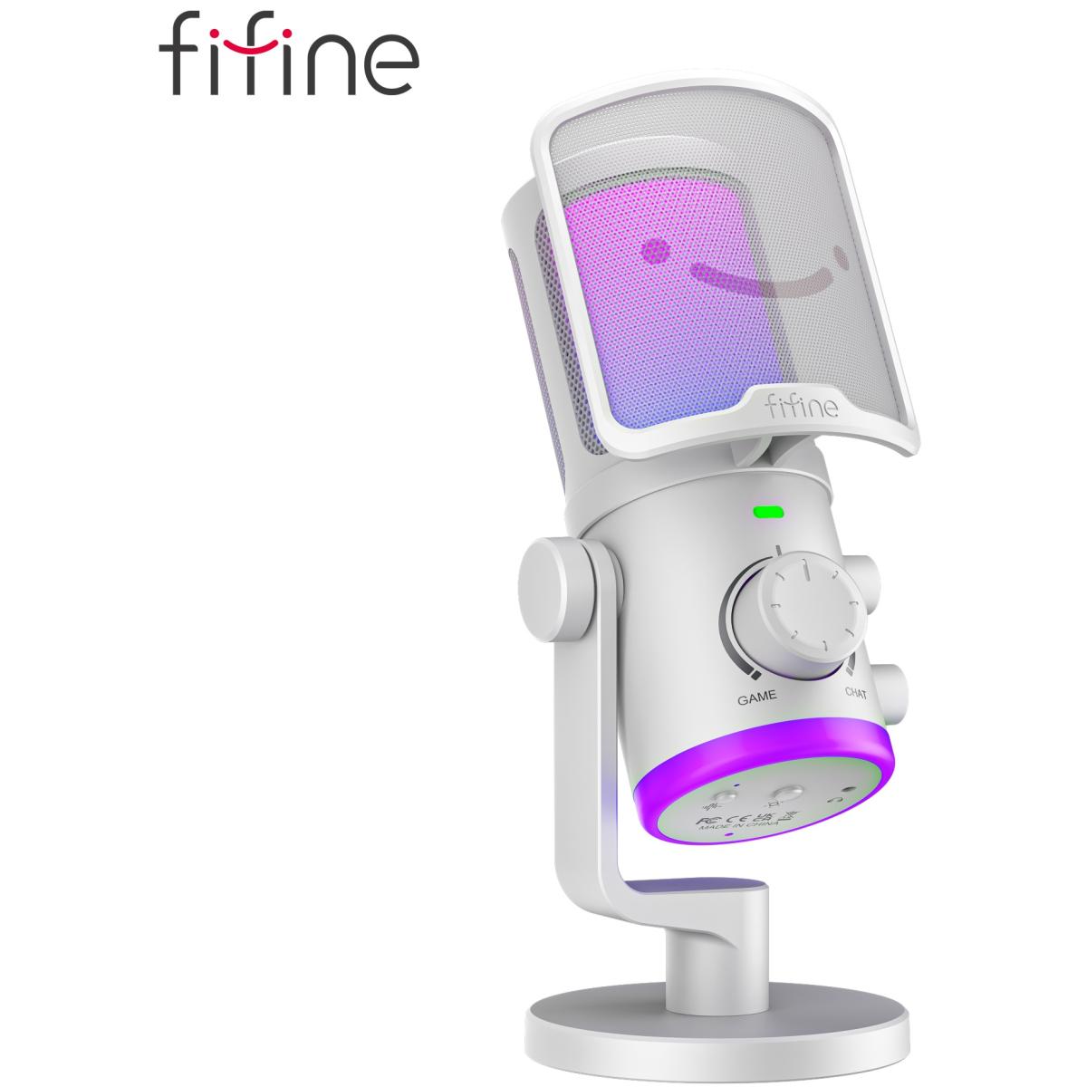 Fifine Ampligame AM6W USB Condenser Microphone with Game/Chat Mix, RGB & Noise Suppression (White)