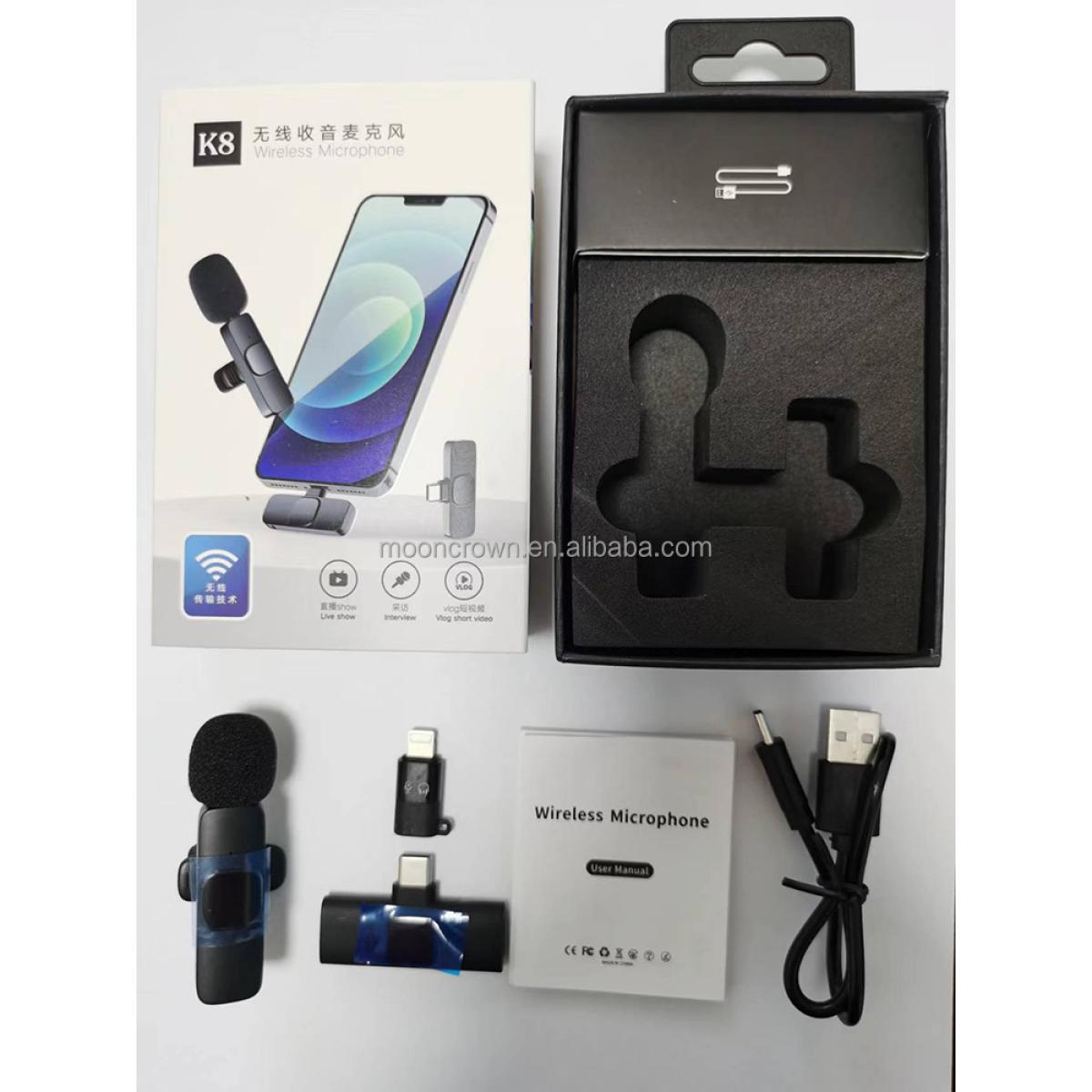 K8 2.4GHz Mini Wireless Lavalier Microphone for Android and iPhone — 20–30m Range, 8H Battery