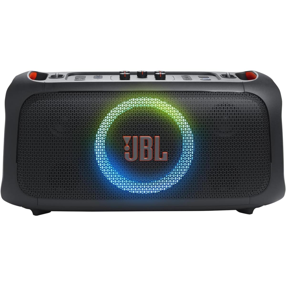 JBL PartyBox On-The-Go Essential Portable Party Speaker, Built-in Lights, Wireless Mic, IPX4, 6H Playtime