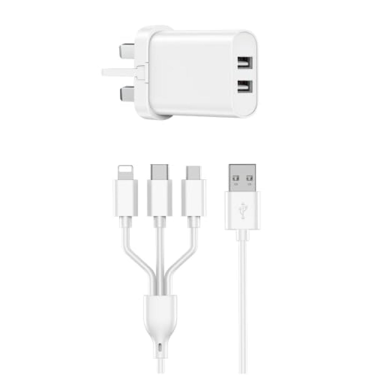WiWU Wi-U003 Quick Series Dual USB Charger with 3-in-1 Charging Cable – UK Plug, White