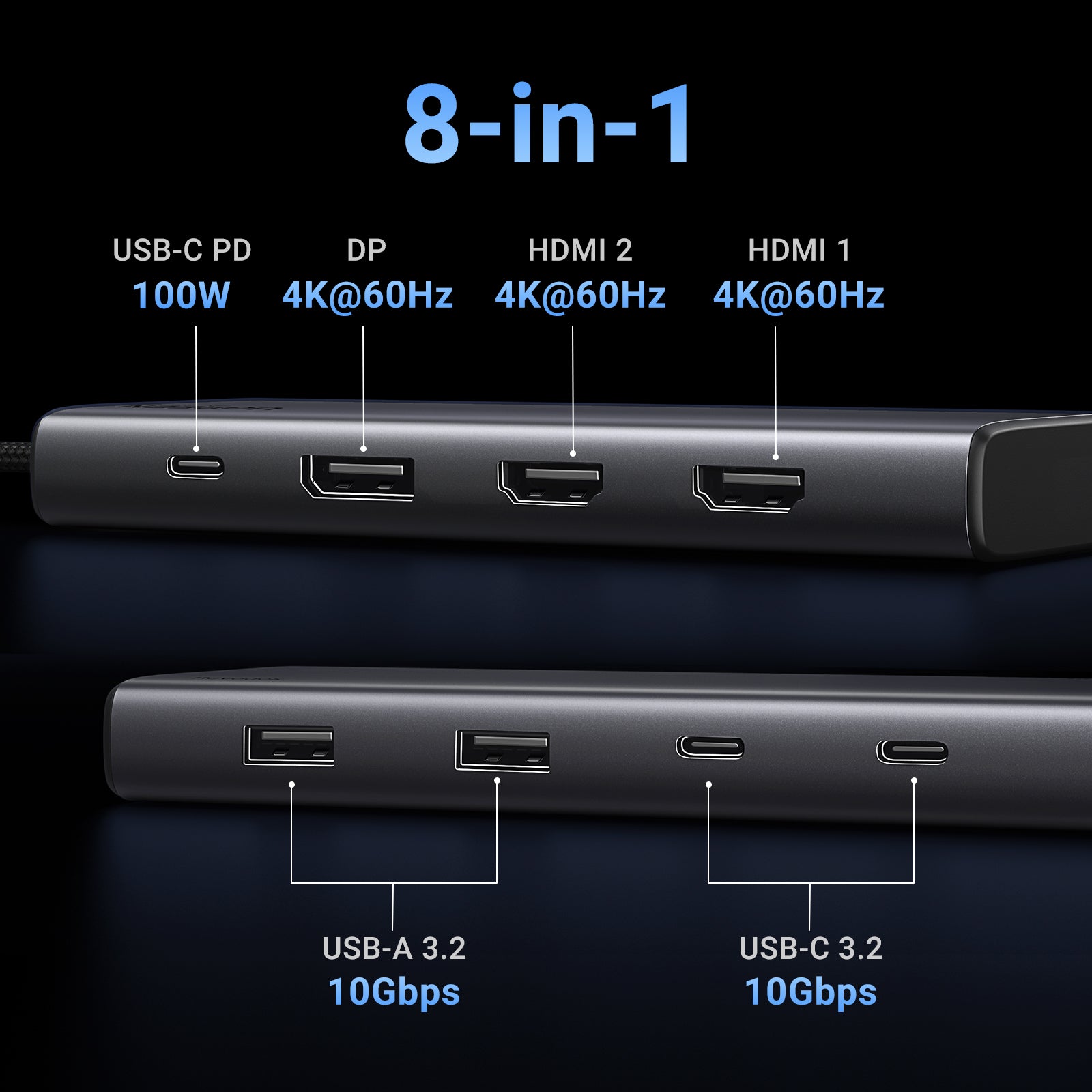 UGREEN 35625 8-in-1 USB-C Hub with 2× HDMI, DisplayPort, 2× USB-C 3.2 Gen 2, 2× USB-A 3.2 Gen 2, 100W PD