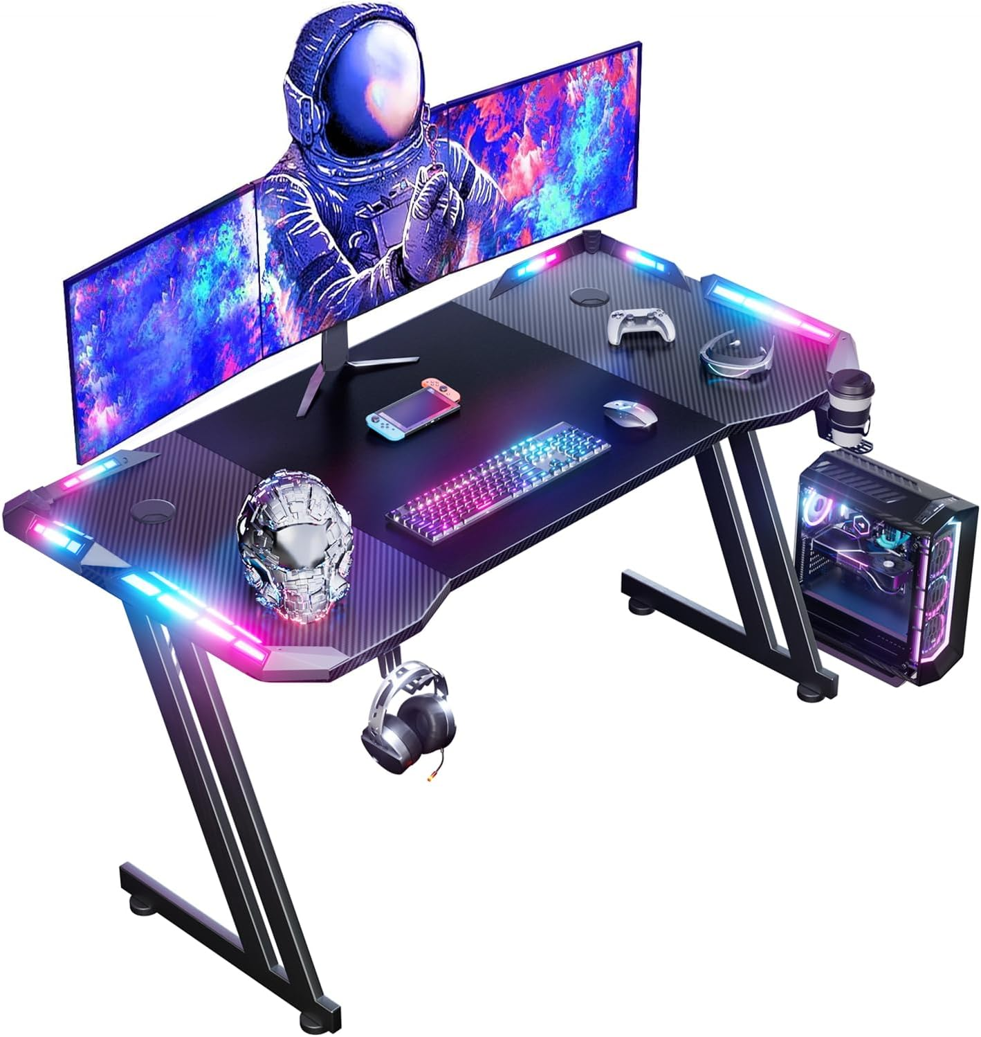 HLONONE Gaming Desk 160 x 60 cm with LED and Carbon Fiber Surface