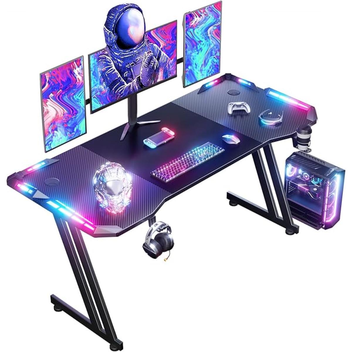 HLONONE Gaming Desk 120 x 60 cm with LED and Carbon Fiber Surface